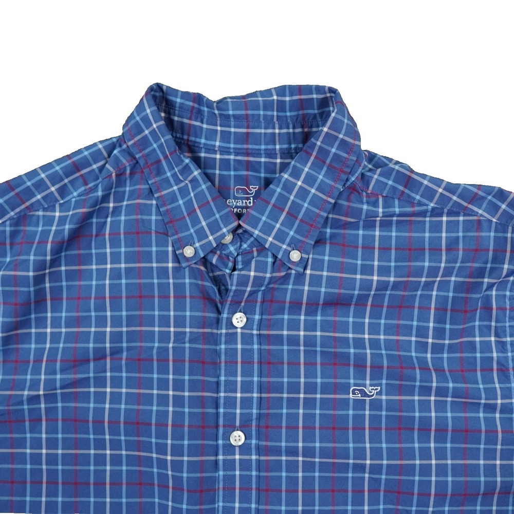 Vineyard Vines Performance Whale‎ Shirt Mens XL Blue Plaid Summer Stretch Logo
